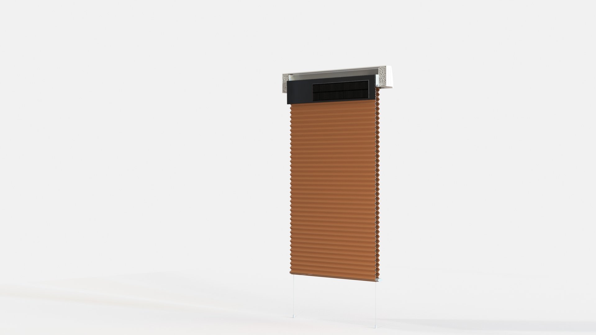 Brown pleated window shade with a white top rail against a white background.