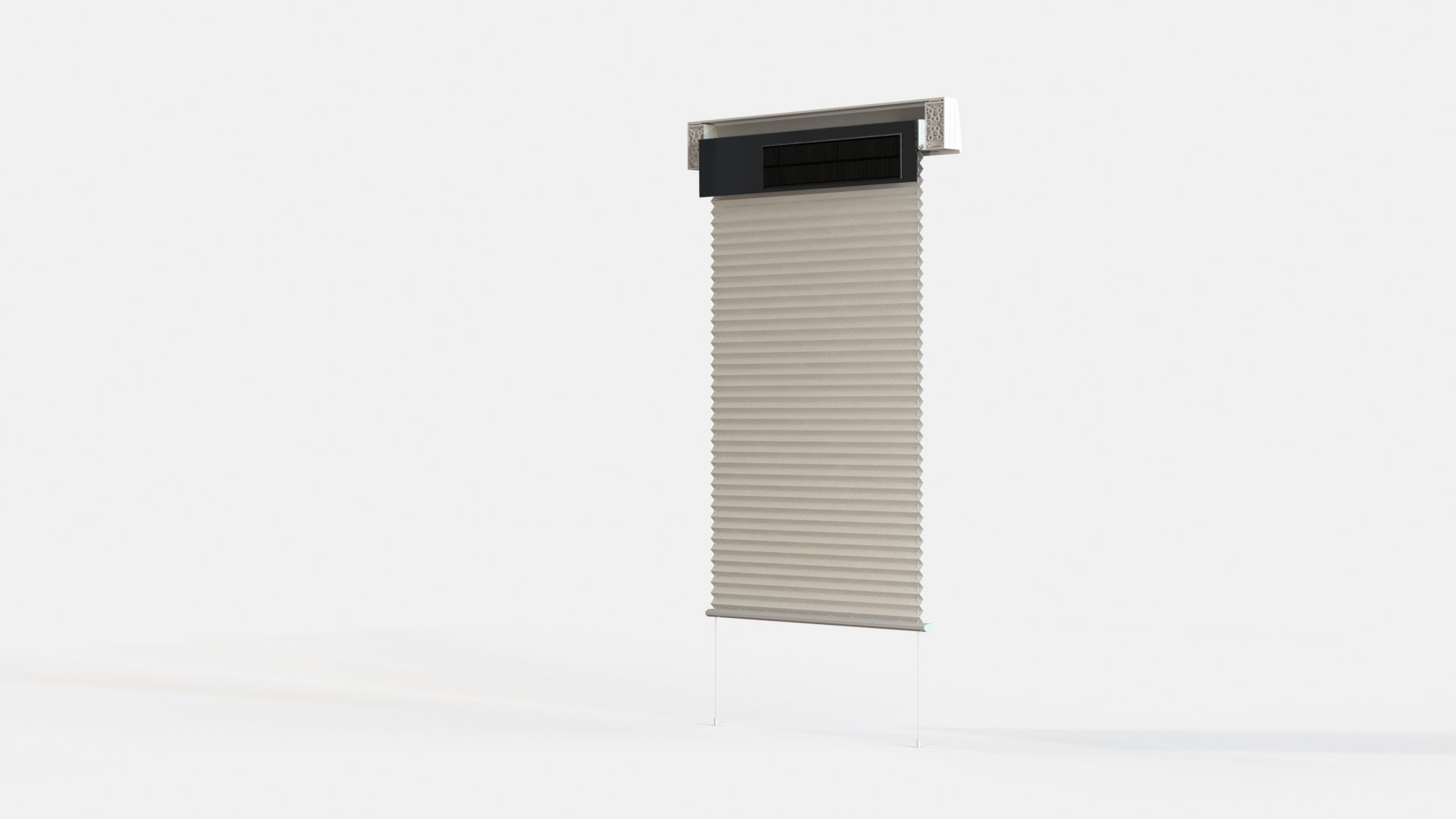Tan ribbed vertical blinds with white frame on a white background.