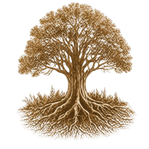Illustration of a large tree with extensive roots and leafless branches.