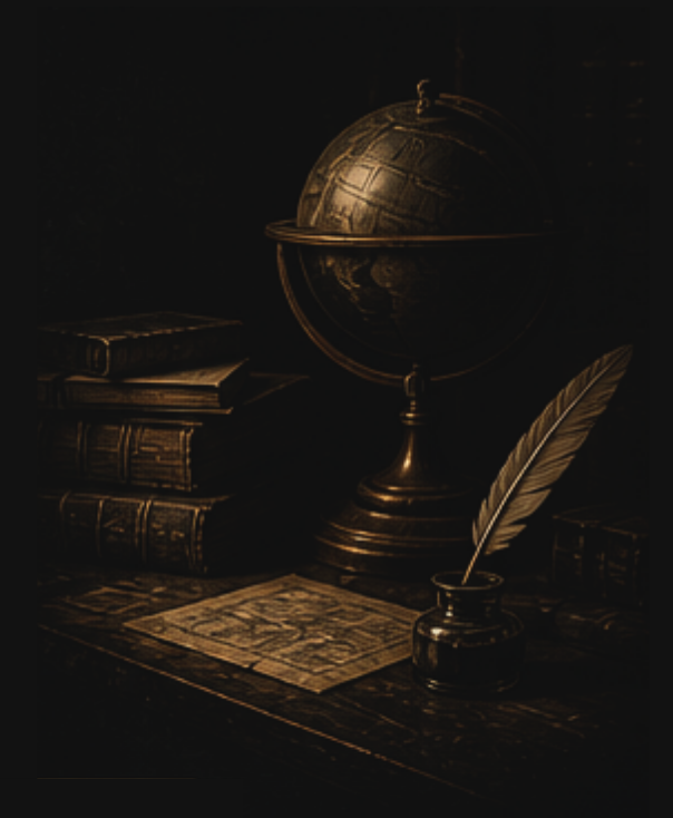 Darkly lit vintage desk with antique books, a globe, a quill in an inkpot, and a map.