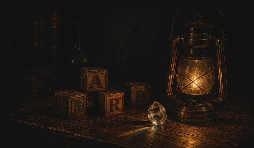 An old oil lantern lit on a dark wooden surface, with wooden blocks spelling 'M' 'A' 'R' 'D' and a clear crystal reflecting a rainbow onto the surface.