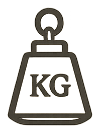 Outline of a weight with 'KG' written on it, representing a kilogram weight.