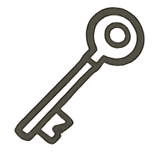 Line drawing of a key with a circular head and a jagged edge