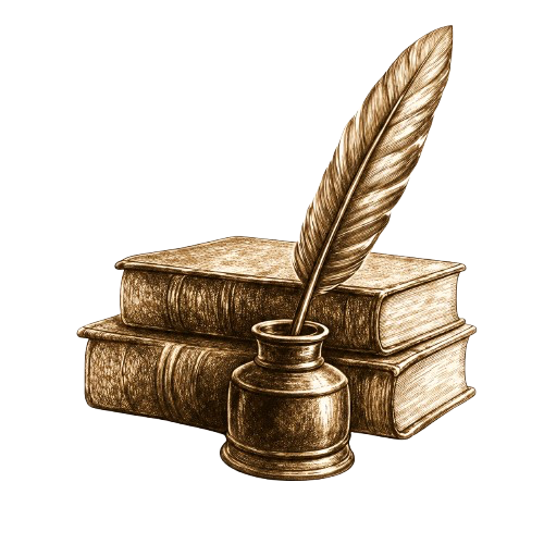 Illustration of three old books and a quill in an ink bottle.