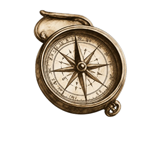 Vintage brass compass with a white background.