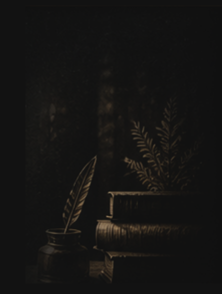 Vintage still life with books, a quill in an ink jar, and leafy plants.
