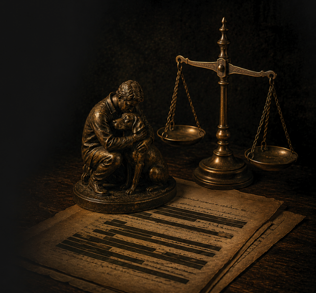 Bronze statue of a man hugging a dog, a vintage balance scale, and aged document heavily redacted on a dark wooden surface.
