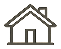 Simple line drawing of a house with a triangular roof, chimney, and front door