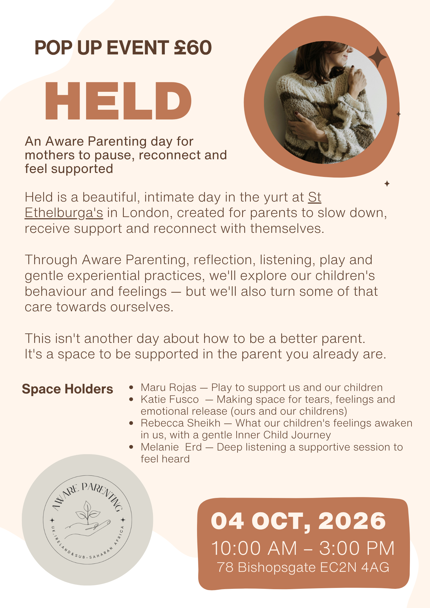 Held Pop Up Event: An Aware Parenting day for mothers to pause, reconnect and feel supported.