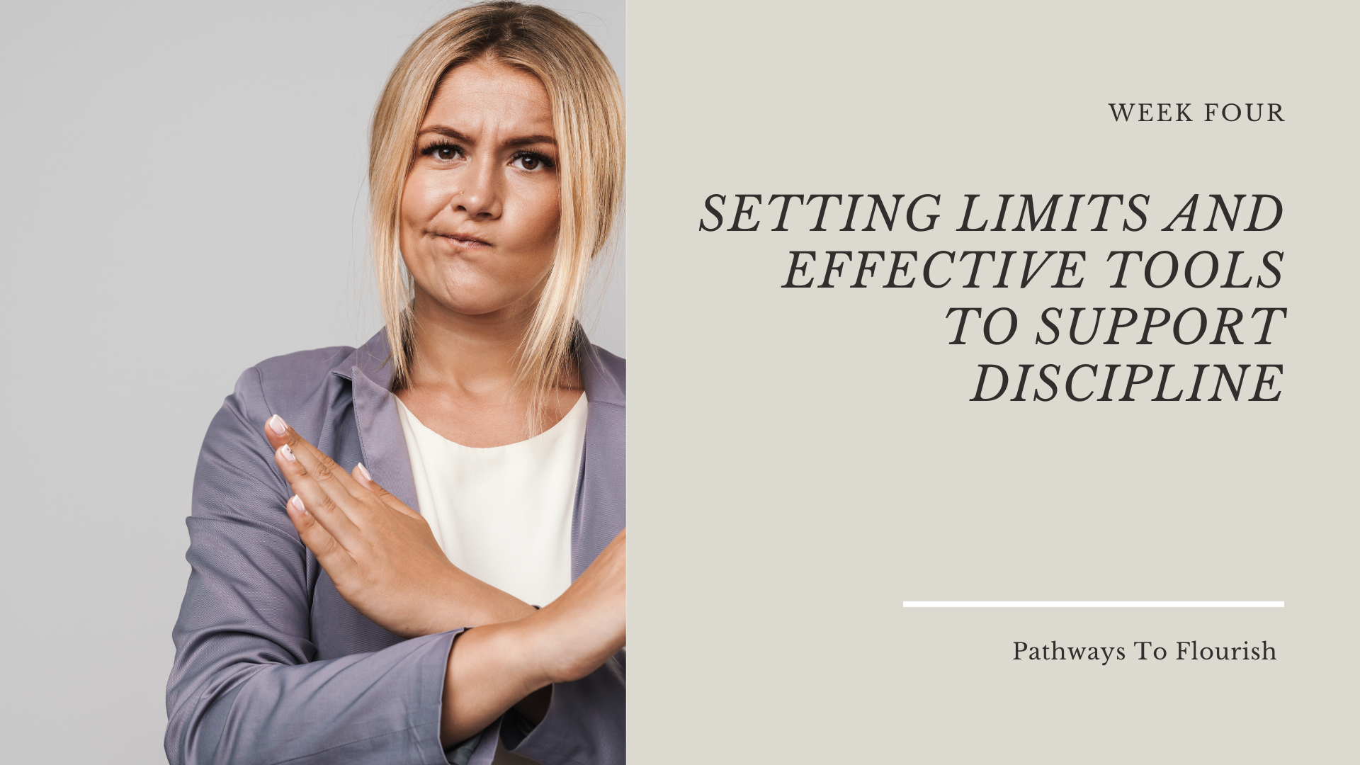 A woman with blonde hair and a skeptical expression, crossing her arms and wearing a gray blazer over a white top, standing against a plain light gray background.