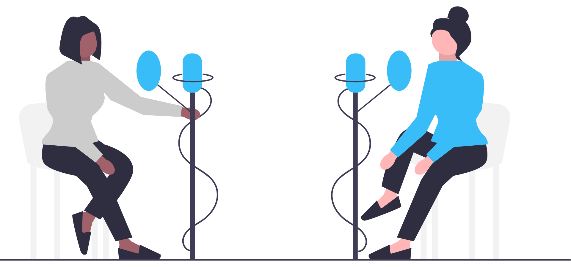 Illustration of two women sitting on chairs, facing each other, engaged in a conversation through a modern microphone setup, with one woman wearing a gray top and the other in a blue top.