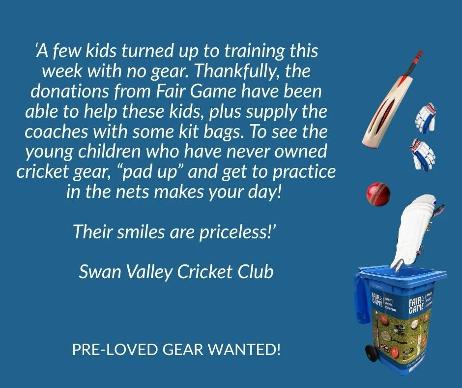 Equip for Sport feedback from @swanvalleycricketclub 🙌🏼 &ldquo;A few kids turned up to training this week with no gear. Thankfully, the donations from Fair Game have been able to help these kids, plus supply the coaches with some kit bags. To see t