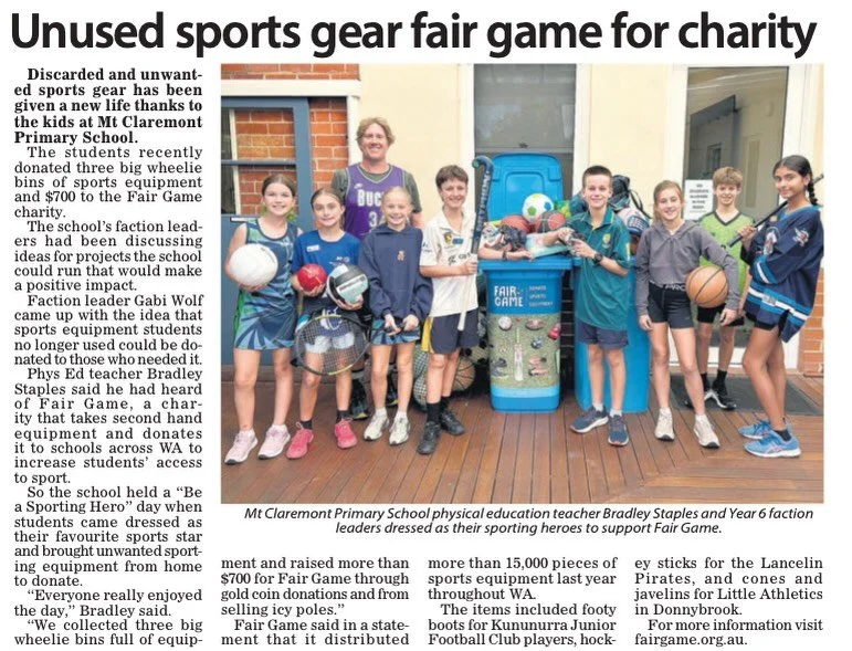 A big thank you to Mt Claremont Primary School for holding a Be a Sporting Hero day! 🦸🏼&zwj;♀️ These little legends collected an amazing haul of pre-loved sports equipment and $700 to support our Equip for Sport program, helping those in need to en