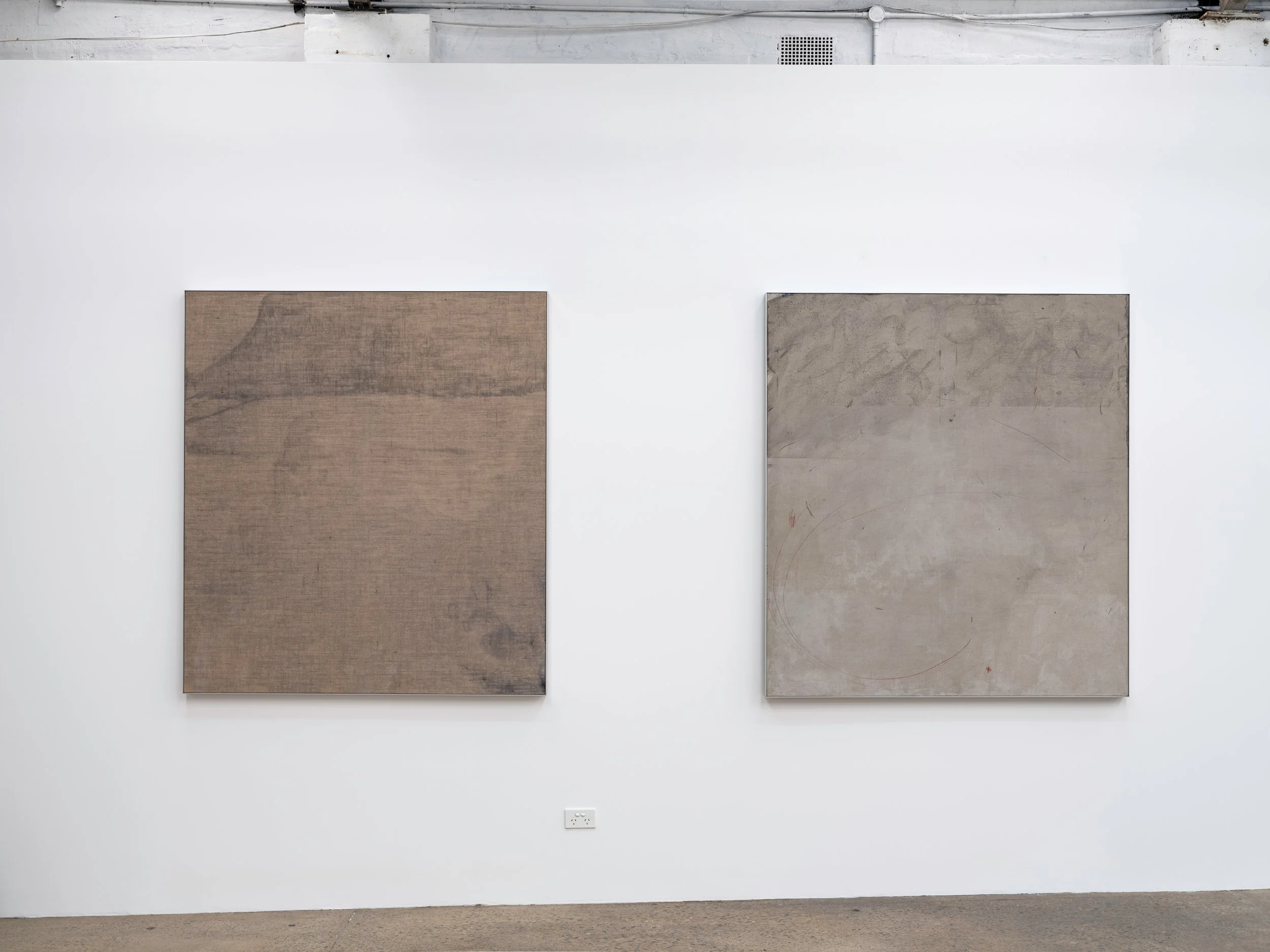 SYRUP_001 
Install Shoot R to L -
1. Tara McIntosh, Homesick Alien, 2024, Acrylic, Dust, pencil on linen, aluminium frame, 153 x 137cm
2. Tara McIntosh, Walking Backwards, 2024, Acrylic, Dust, pencil on linen, aluminium frame, 153 x 137cm
Image c