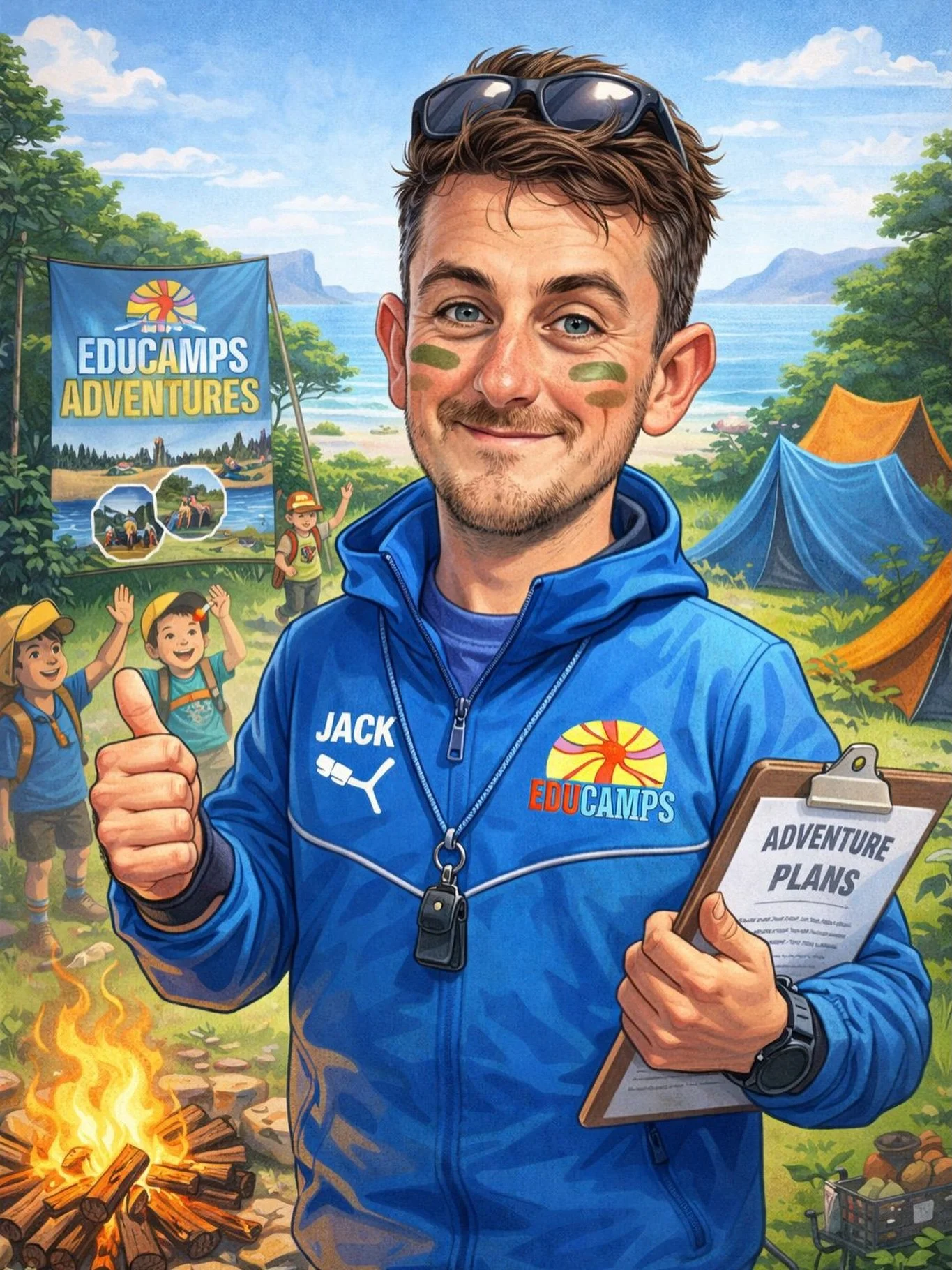Meet the Director (caricature style) 👋

This is Jack.
CEO of Camp and head of all things adventure 🔥

You&rsquo;ll probably spot him:
🧗&zwj;♂️Leading activities
📋 Planning the next adventure
🤝 Wearing camo face paint for &ldquo;team spirit&rdquo