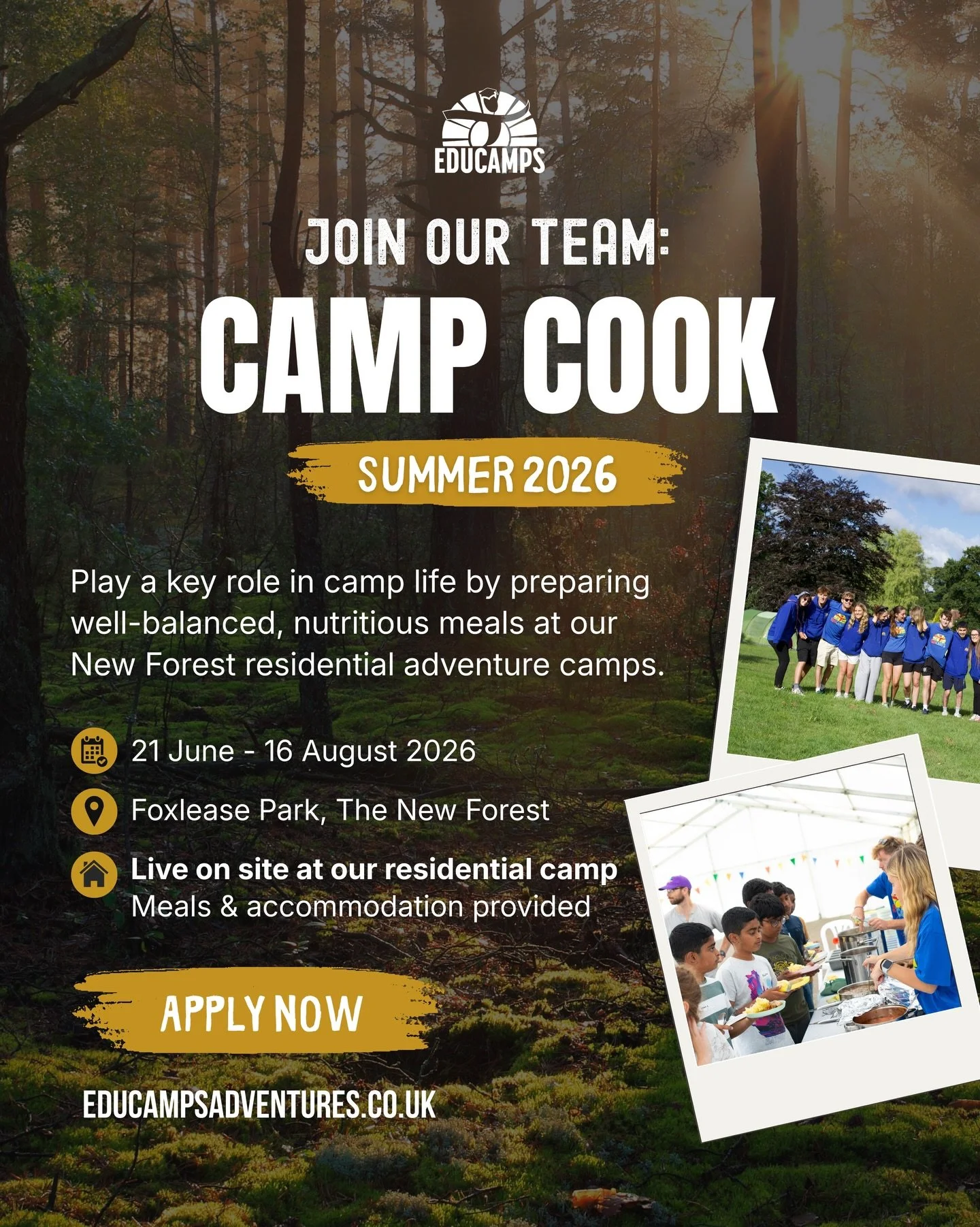 APPLY TO BECOME A CAMP COOK &ndash; SUMMER 2026 🍳

Join our residential adventure camps this summer and play a key role in camp life, preparing nutritious meals for children and staff.

📍 Foxlease Park, New Forest
📅 21 June &ndash; 16 August 2026
