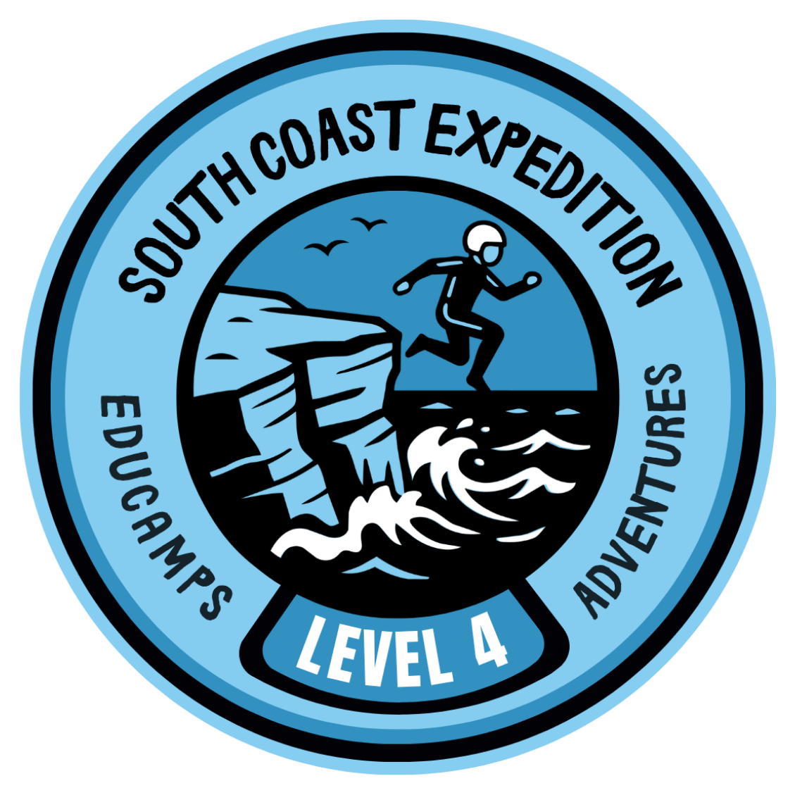 A blue adventure patch for our South Coast Expedition Camp (Level 4) for teenagers ages 14-17