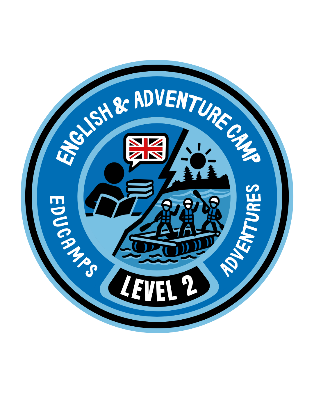 International students practising English on a day trip with Educamps, Level 2 patch shown