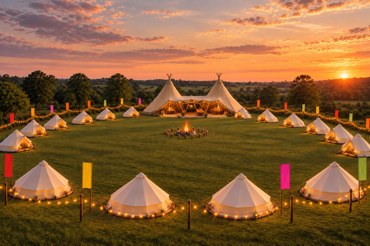 An adventure village mock-up, featuring a luxury glamping experience, with bell tents, two giant teepee tents, festival flags and festoon lighting