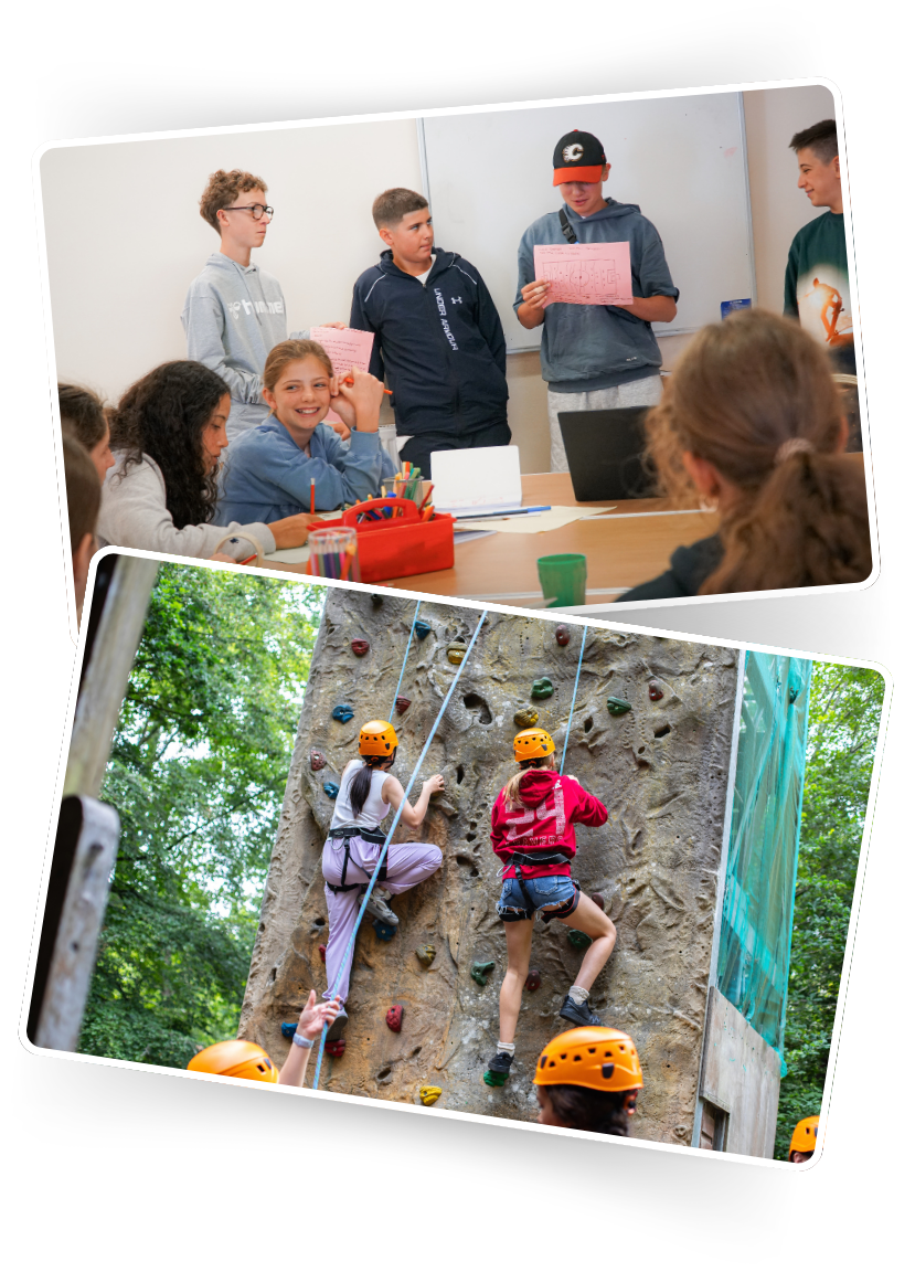 International students are taking part in fun and interactive English Language lessons during the morning, then in the afternoon they are taking part in climbing activities at an outdoor adventure camp