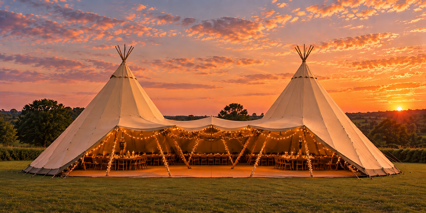 A photo featuring two large teepee tents in our adventure village for dining and socialising
