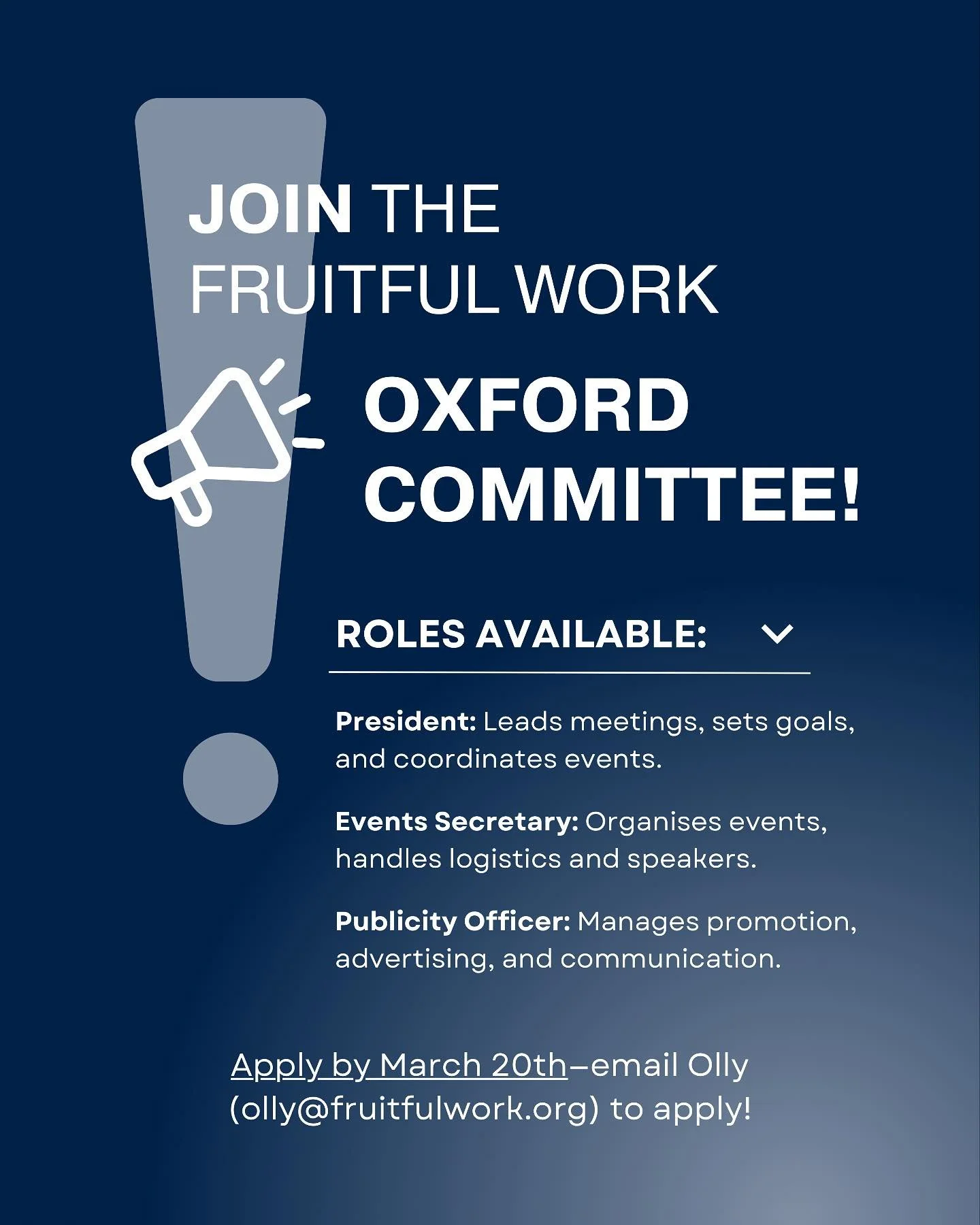 Join the Fruitful Work Oxford Committee! 🚀

Are you passionate about using your career to serve God but don&rsquo;t know how? Fruitful Work is here to help students like YOU to maximise the impact of their careers (their skills, time, and ressources