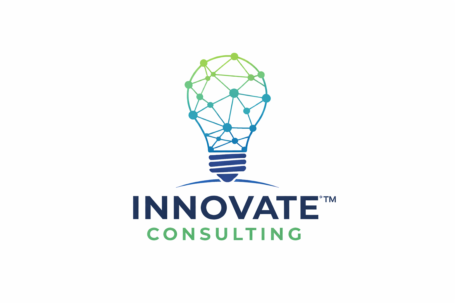 Logo of Innovate Consulting featuring a lightbulb made of connected nodes and lines in gradient colors, with the words "INNOVATE" in dark blue and "CONSULTING" in green underneath.