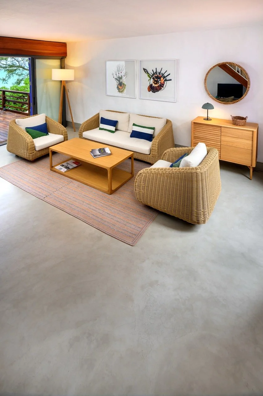 Contemporary living space featuring Cretecote Sand Dollar béton ciré flooring at Serenity Villa, coastal seaview Mauritius