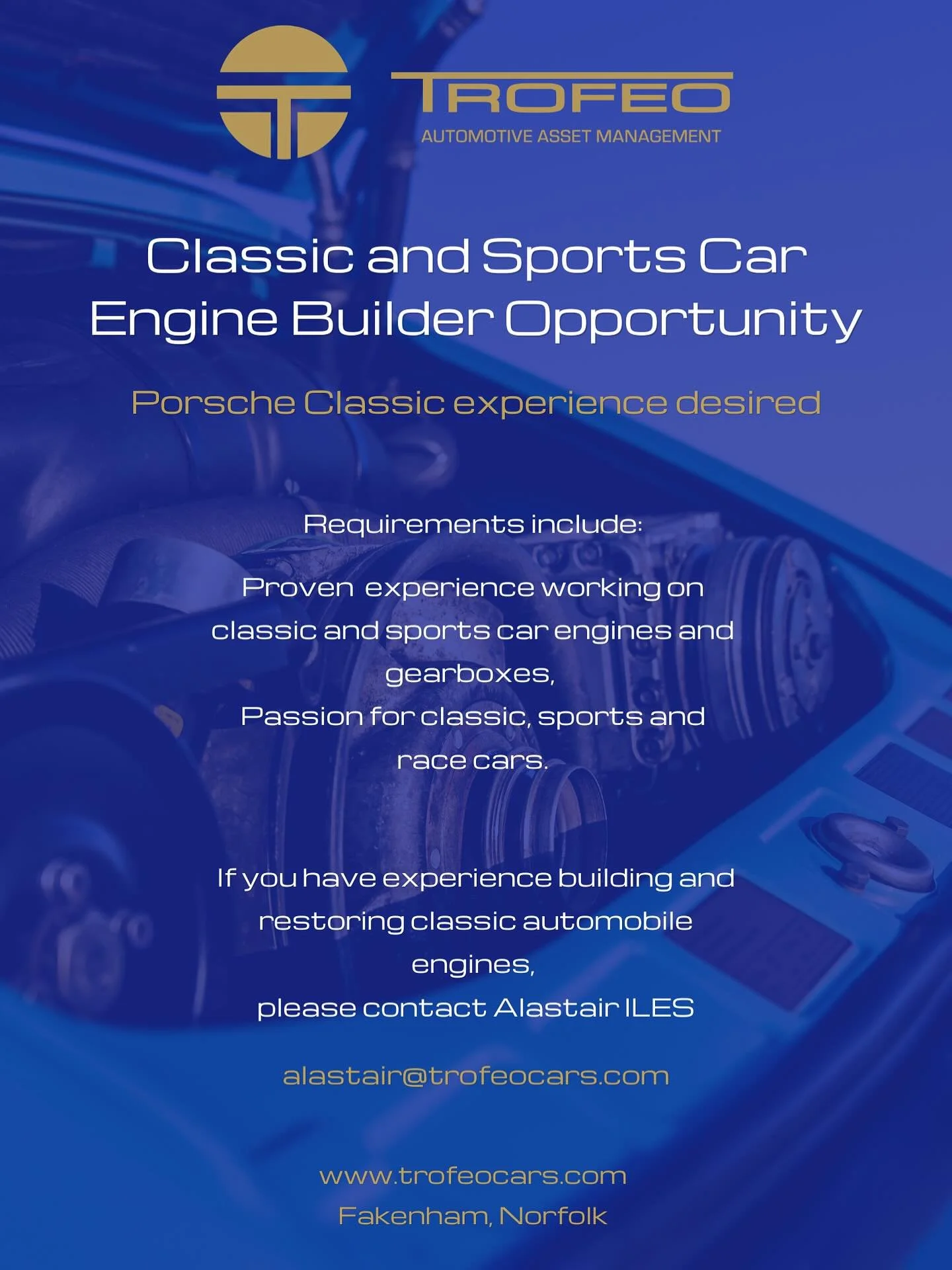 Exciting job opportunity - join our Team! 

We currently also have a vacancy for a Classic and Sports Car Engine Builder role, on both a full time and a part time basis - Porsche Classic experience desired.

If you have a passion for classic, sports 