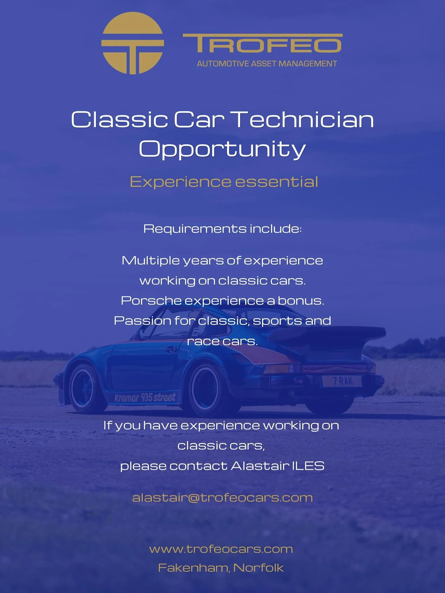 Exciting job opportunity - join our Team! 

We currently have a vacancy for a Classic Car Technician role, on both a full time and a part time basis.

If you have a passion for and multiple years of experience working on classic, sports and race cars