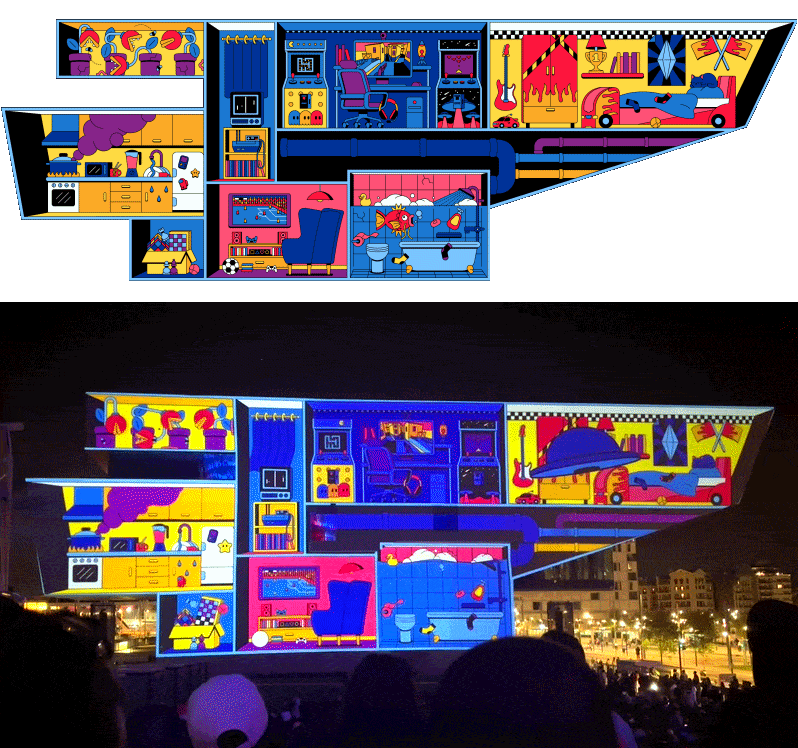 Screen-mapping experience at OFFF Festival 2026. Art Direction by Mezzolab Studio. Illustration by Magdalena Adamska. Motion Design by Alejandra Londono.