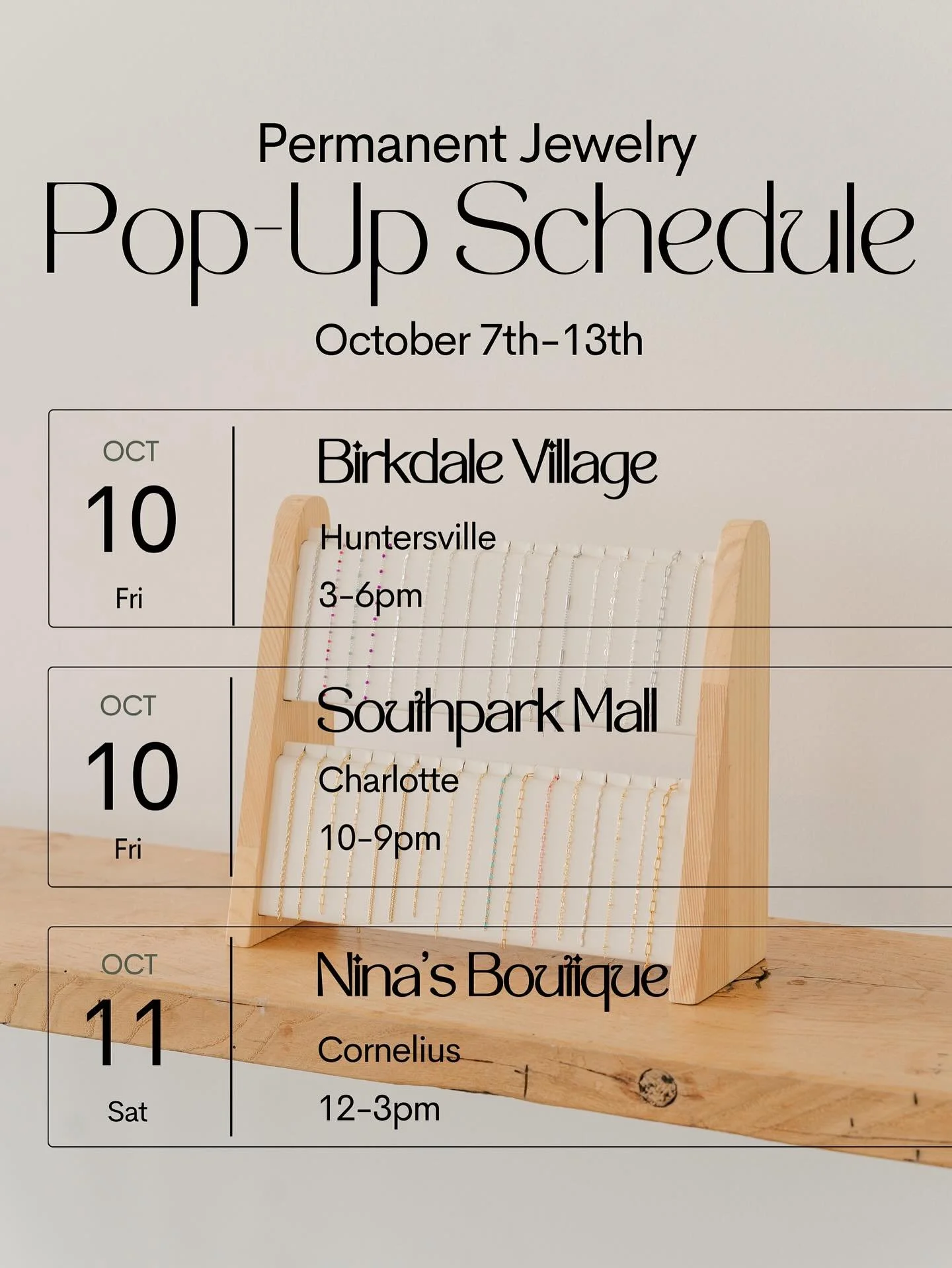 This weeks schedule ✨ 💓

Please come see us and add to your fall outfits! 🍁 

Comment &ldquo;POPUP&rdquo; to have our appointment link and schedule sent directly to you! 

#permanent #jewelrybusiness #smallbusinesssupportingsmallbusiness #fall #wis