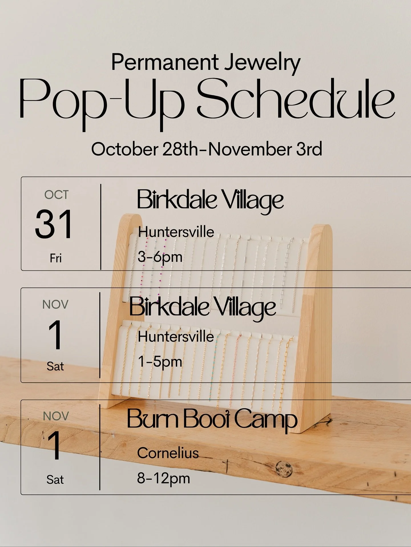 Events for the week! 💓 

Hello November, Goodbye October! 🍁

This year is moving so quick! Comment &ldquo;POPUP&rdquo; to have our appointment link sent directly to you and get your permanent jewelry before the year ends!!

#smallbusinesssupporting