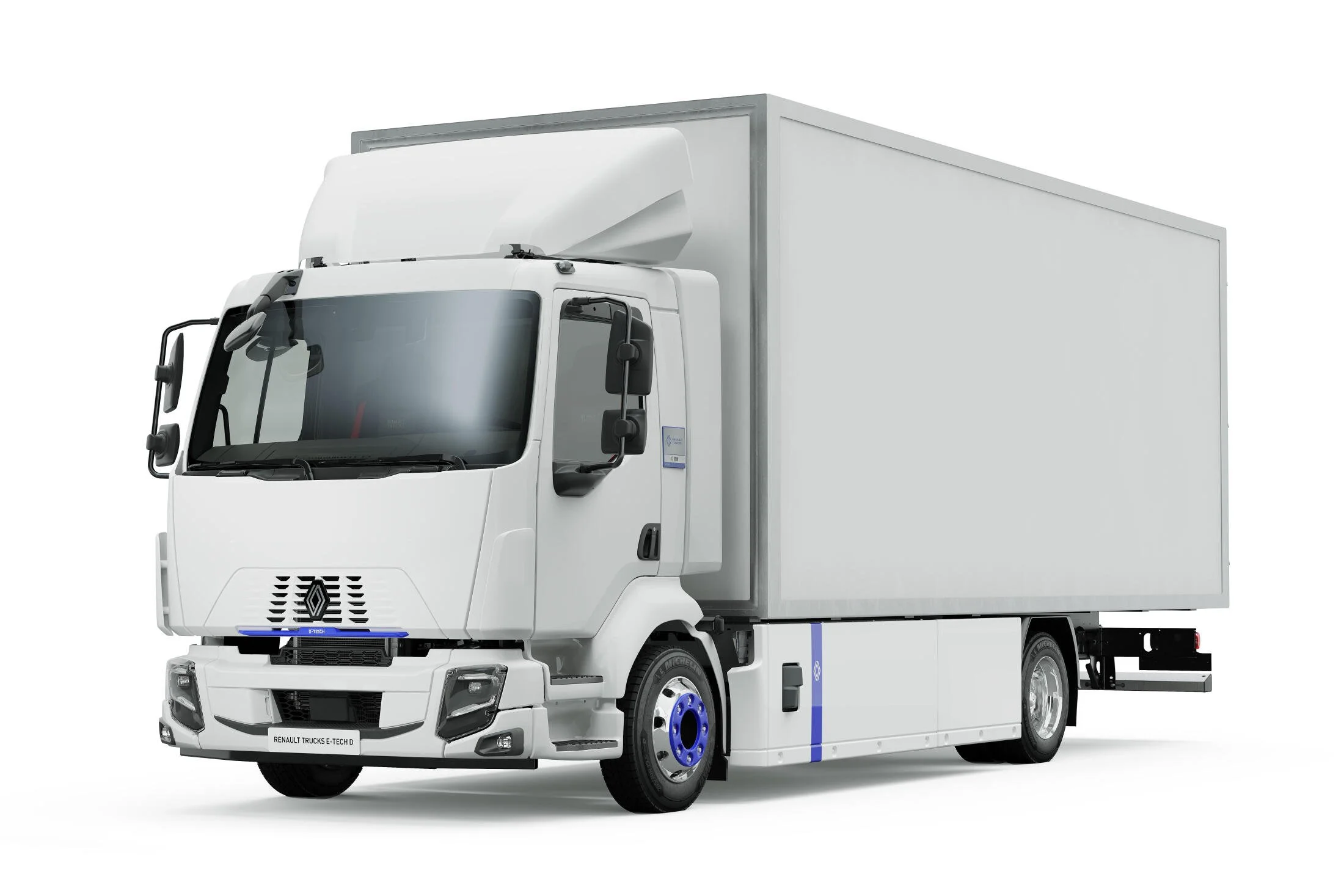 Renault Trucks E-Tech D in moderner Frontansicht als vollelektrischer LKW für nachhaltige, emissionsfreie Lieferungen und effizienten urbanen Verteilerverkehr.