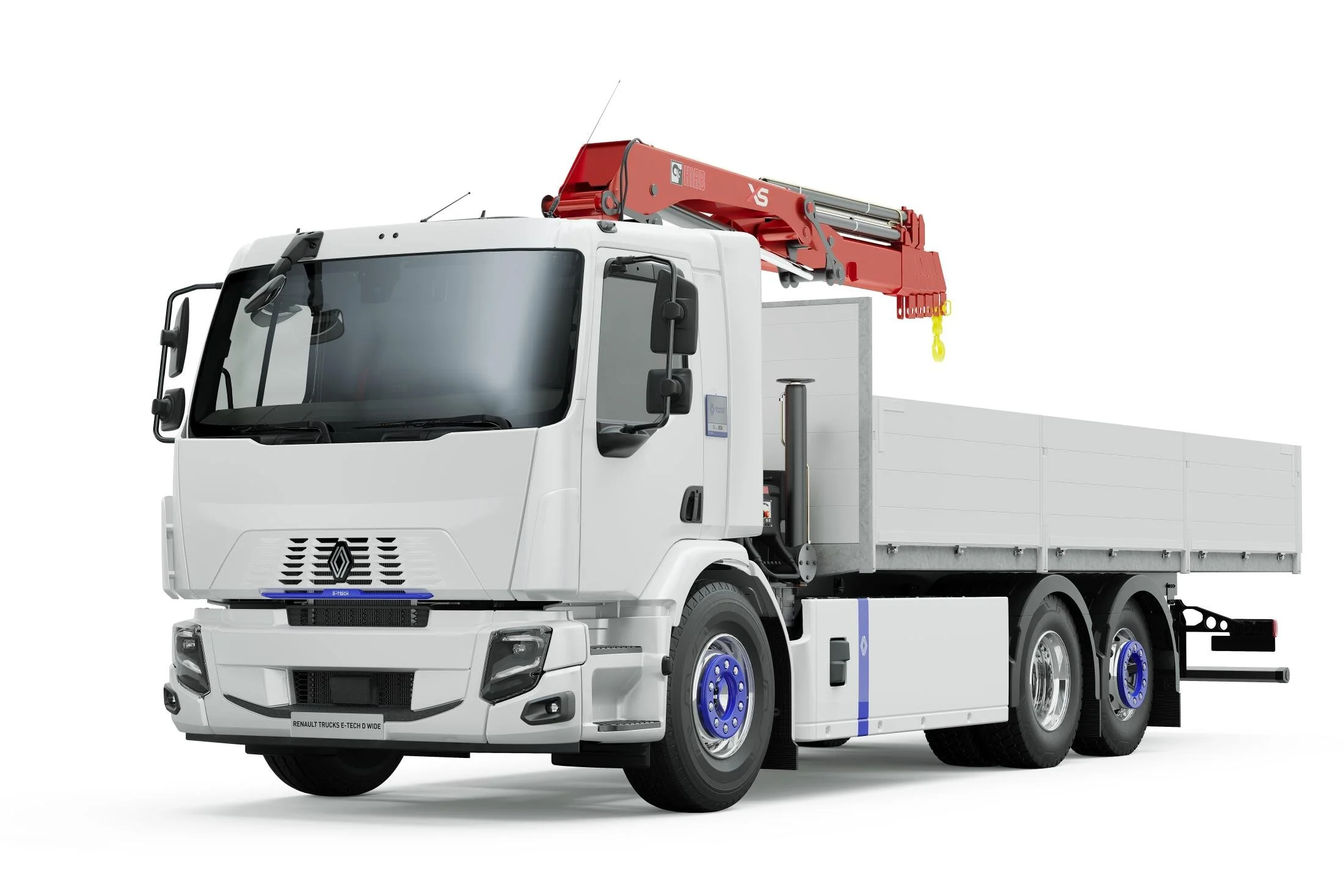 Renault Trucks E-Tech D Wide Elektro-LKW mit Heckkran für emissionsfreie Bau-, Versorgungs- und Infrastrukturarbeiten.