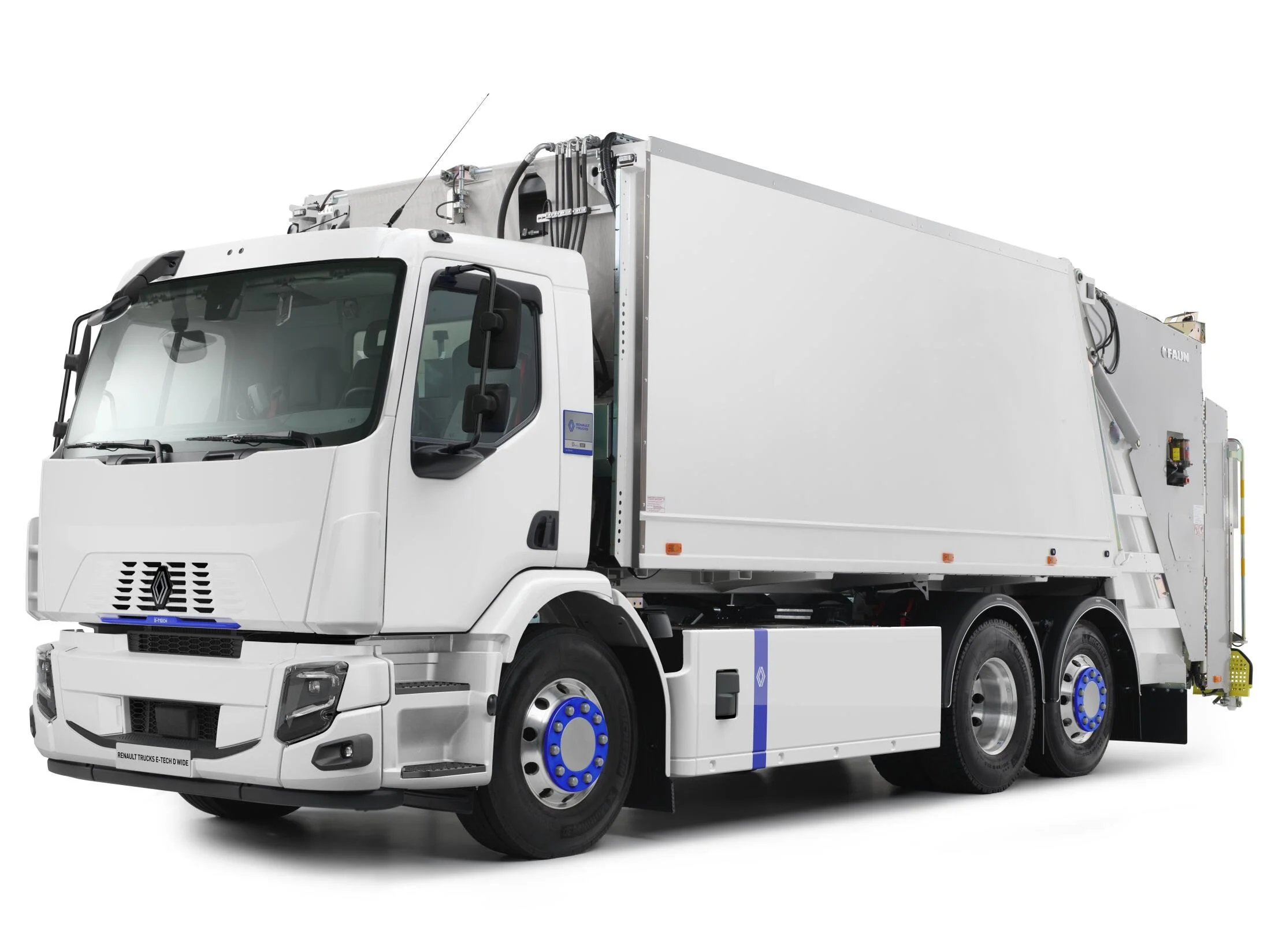 Renault Trucks E-Tech D Wide Elektro-LKW für die Müllentsorgung mit robustem Aufbau und emissionsfreiem Antrieb für nachhaltige kommunale Entsorgungsdienste. `