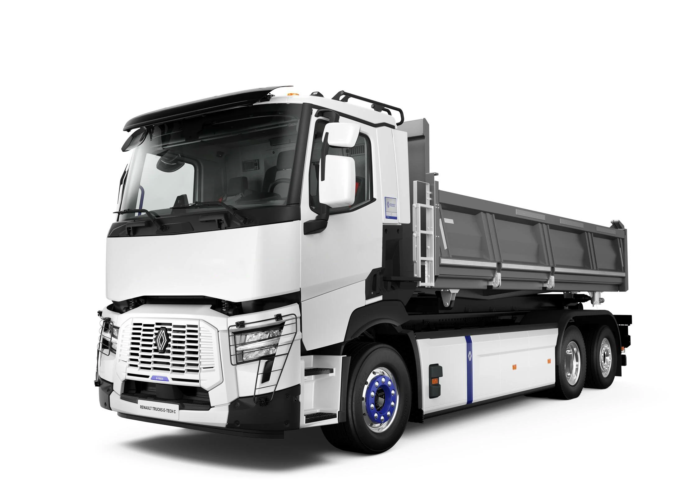 Renault Trucks E-Tech C Elektro-LKW mit Pritschenaufbau für nachhaltige Materialtransporte auf Baustellen und in der Logistik.
