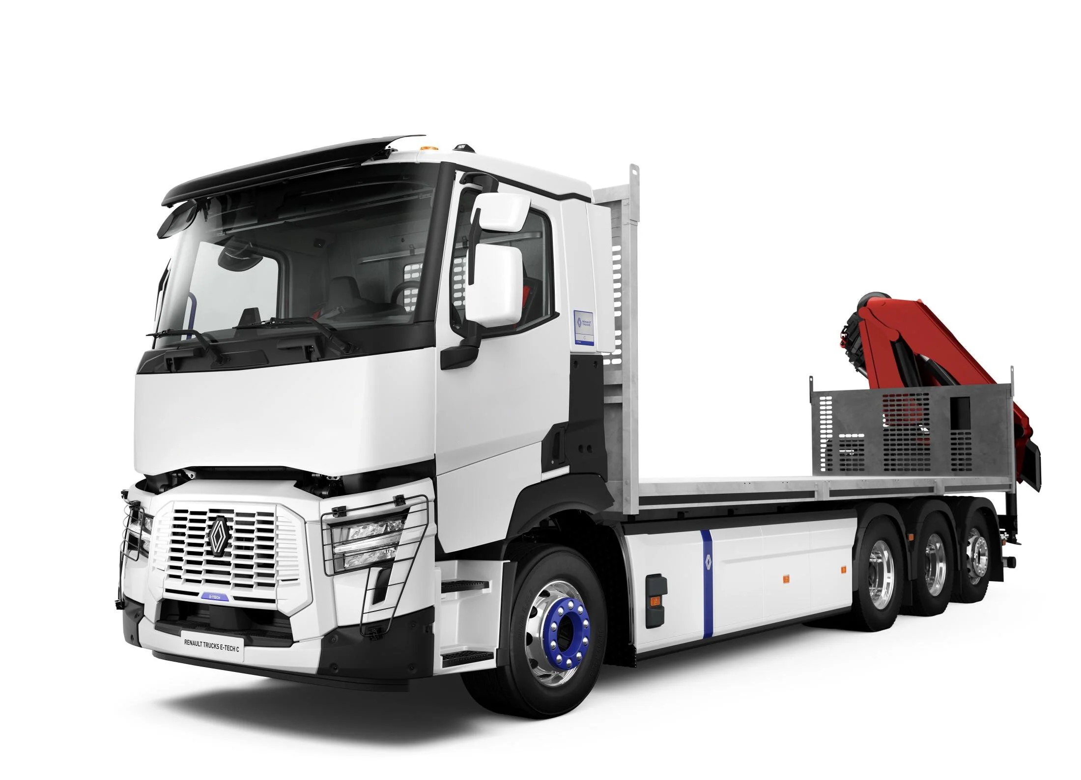 Renault Trucks E-Tech C Elektro-LKW mit ausfahrbarem Ladekran für nachhaltige Bau-, Hebe- und Transporteinsätze auf Baustellen und im regionalen Verteilerverkehr.