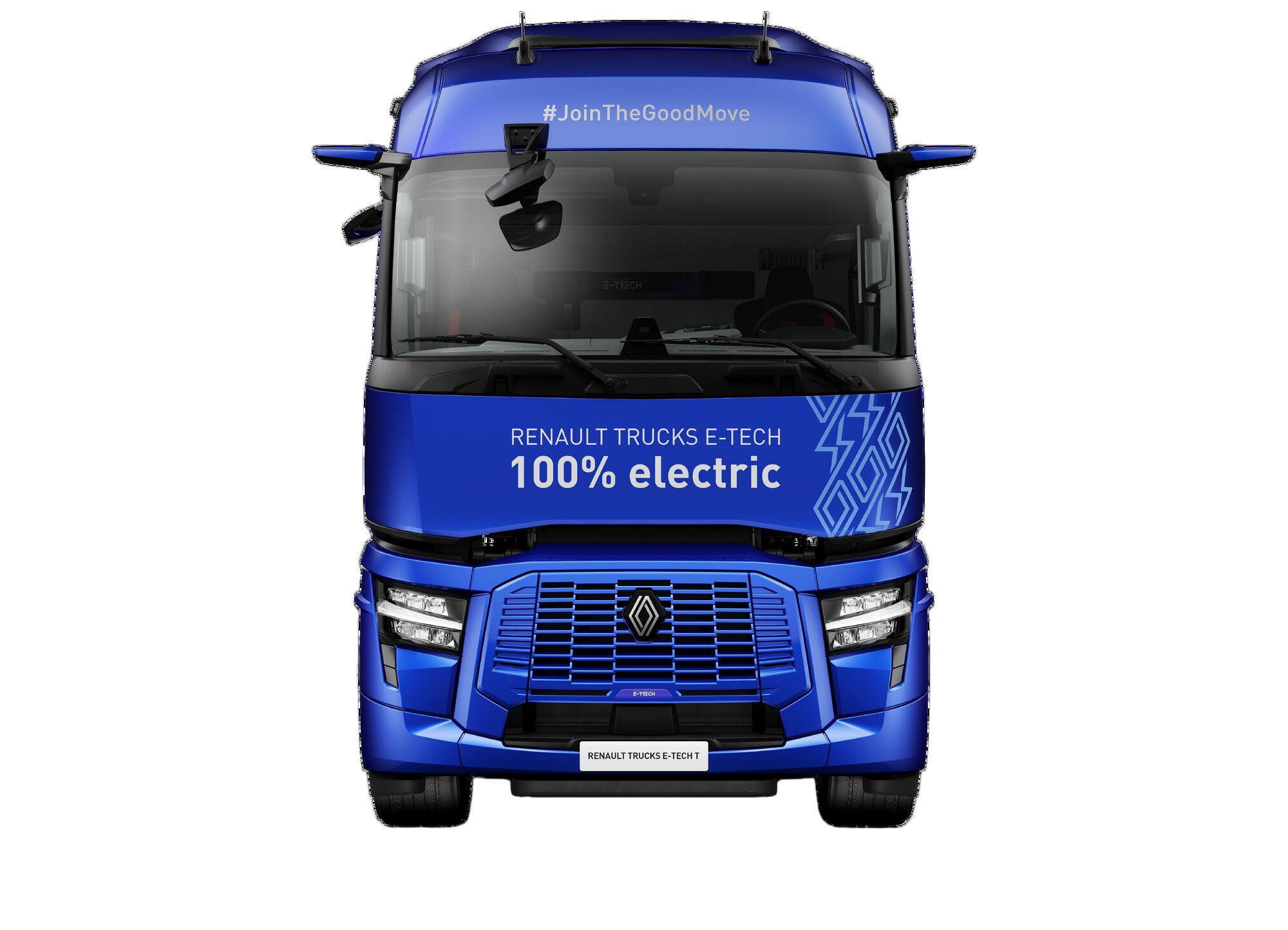 Frontansicht des Renault Trucks E-Tech T Elektro-LKW mit modernem Design für nachhaltige Langstreckentransporte und emissionsarme Logistik.