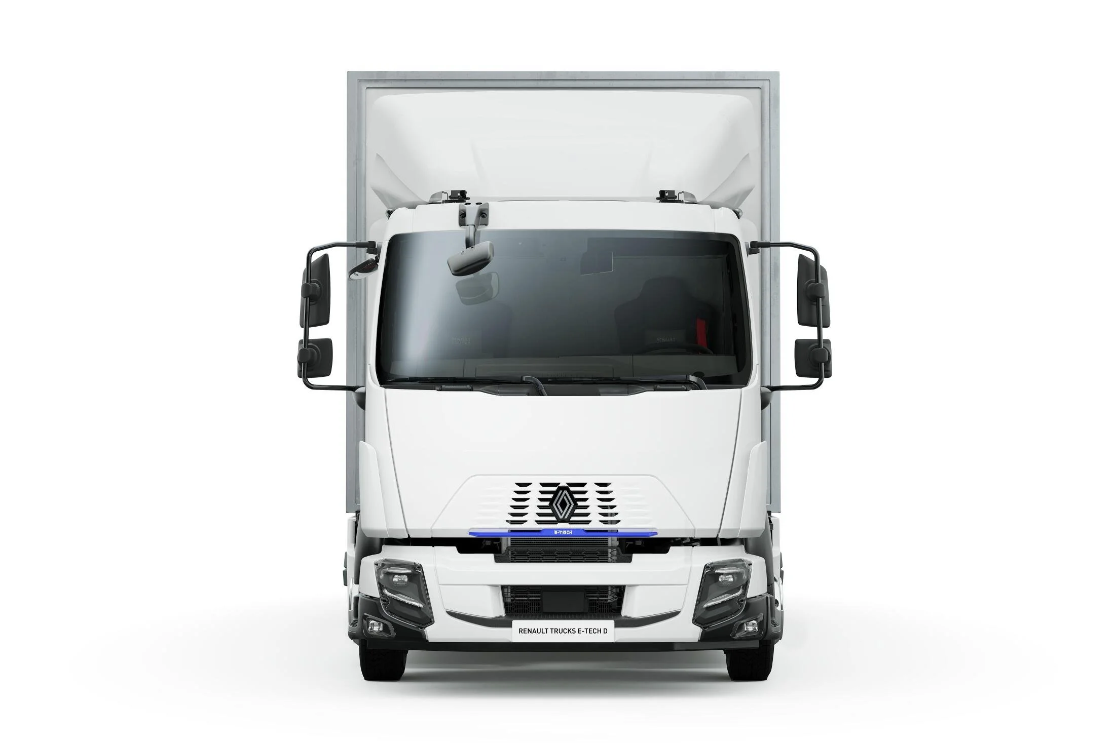 Frontansicht des Renault Trucks E-Tech D Elektro-LKW mit modernem Design für nachhaltigen urbanen Verteilerverkehr und emissionsfreie Lieferungen.
