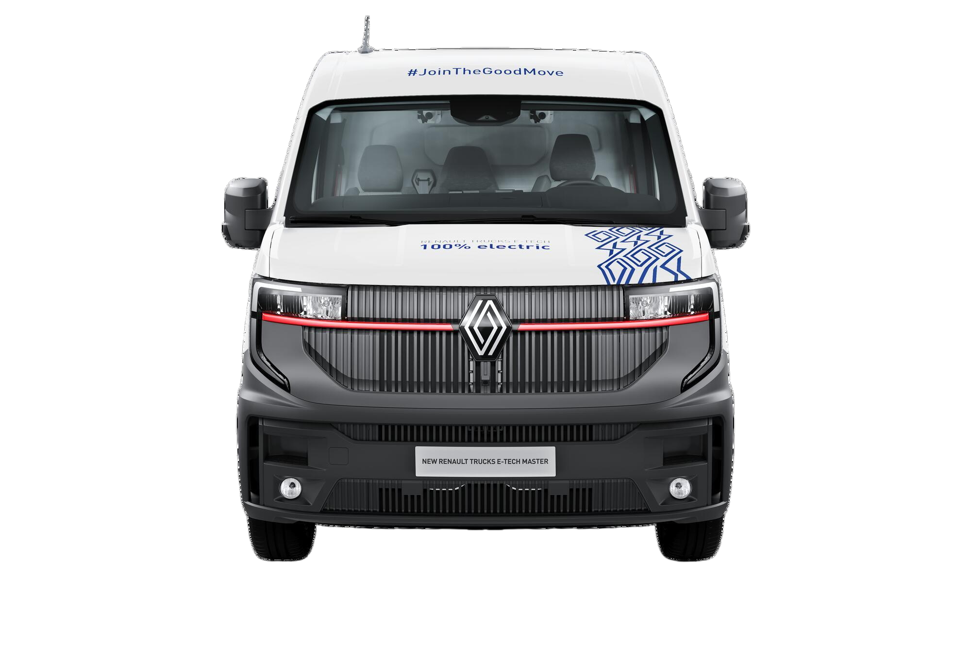 Frontansicht des Renault Trucks E-Tech Master Elektrotransporters für nachhaltige, emissionsfreie Lieferungen und effiziente urbane Logistik.
