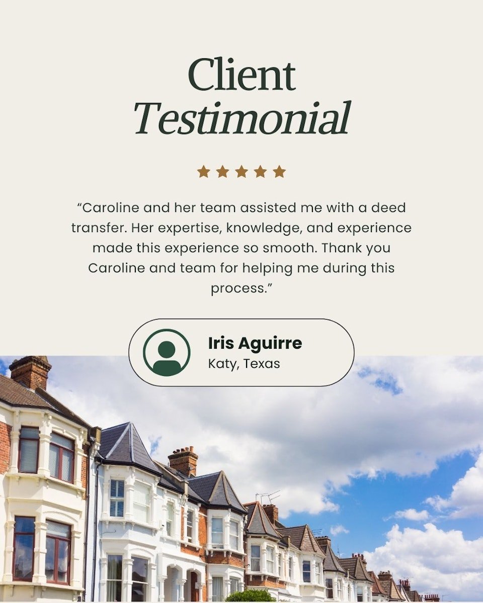 Client Spotlight: Iris Aguirre

Transferring property can feel overwhelming if you don&rsquo;t know where to start &mdash; but with the right guidance, it doesn&rsquo;t have to be.

We recently had the pleasure of working with Iris to complete a deed