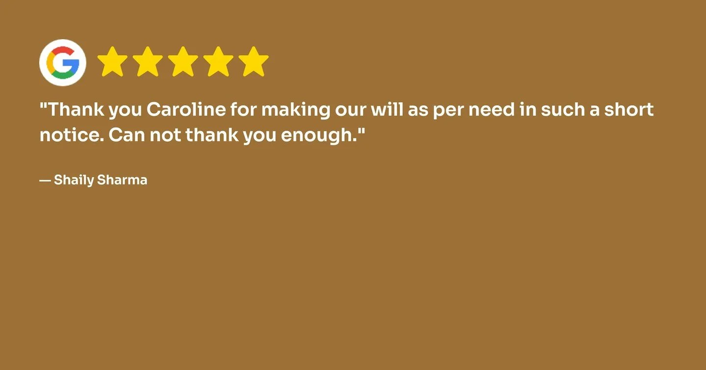 Grateful for Kind Words Like These

&ldquo;Thank you Caroline for making our will as per need in such a short notice. Can not thank you enough.&rdquo; ⭐️⭐️⭐️⭐️⭐️

It&rsquo;s always an honor to be trusted with something as personal and important as he