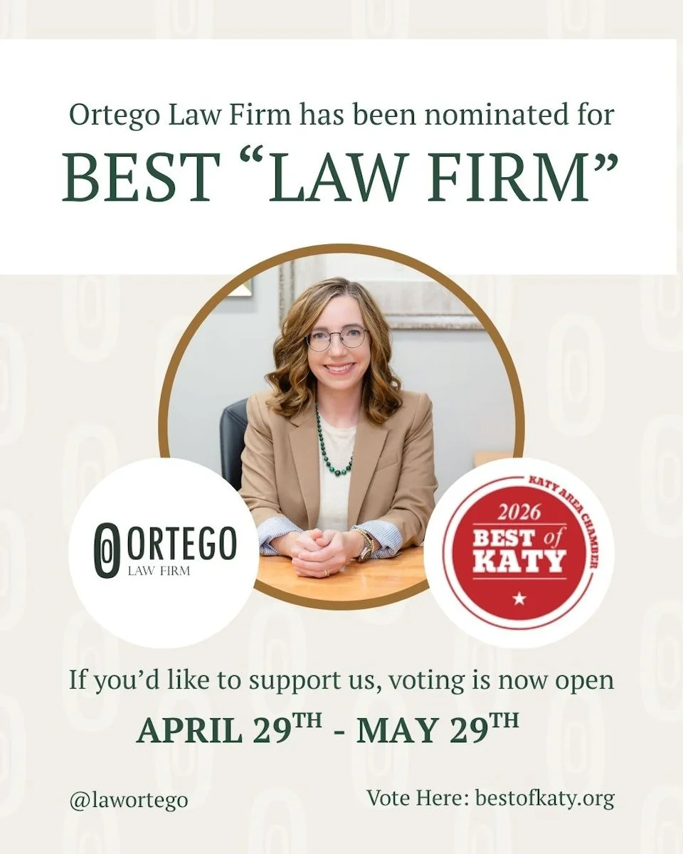 ✨ WE HAVE SOME EXCITING NEWS TO SHARE ✨

Ortego Law Firm has been nominated for
Best Law Firm and Caroline Ortego for Best Attorney in Katy 🤍

We&rsquo;re truly honored.

This recognition means so much to us because it reflects the relationships we&