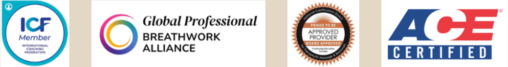Certification and association logos including ICF Member, Global Professional Breathwork Alliance, Approved Provider, and ACE Certified of Arrabella Schipper ARVAmethod