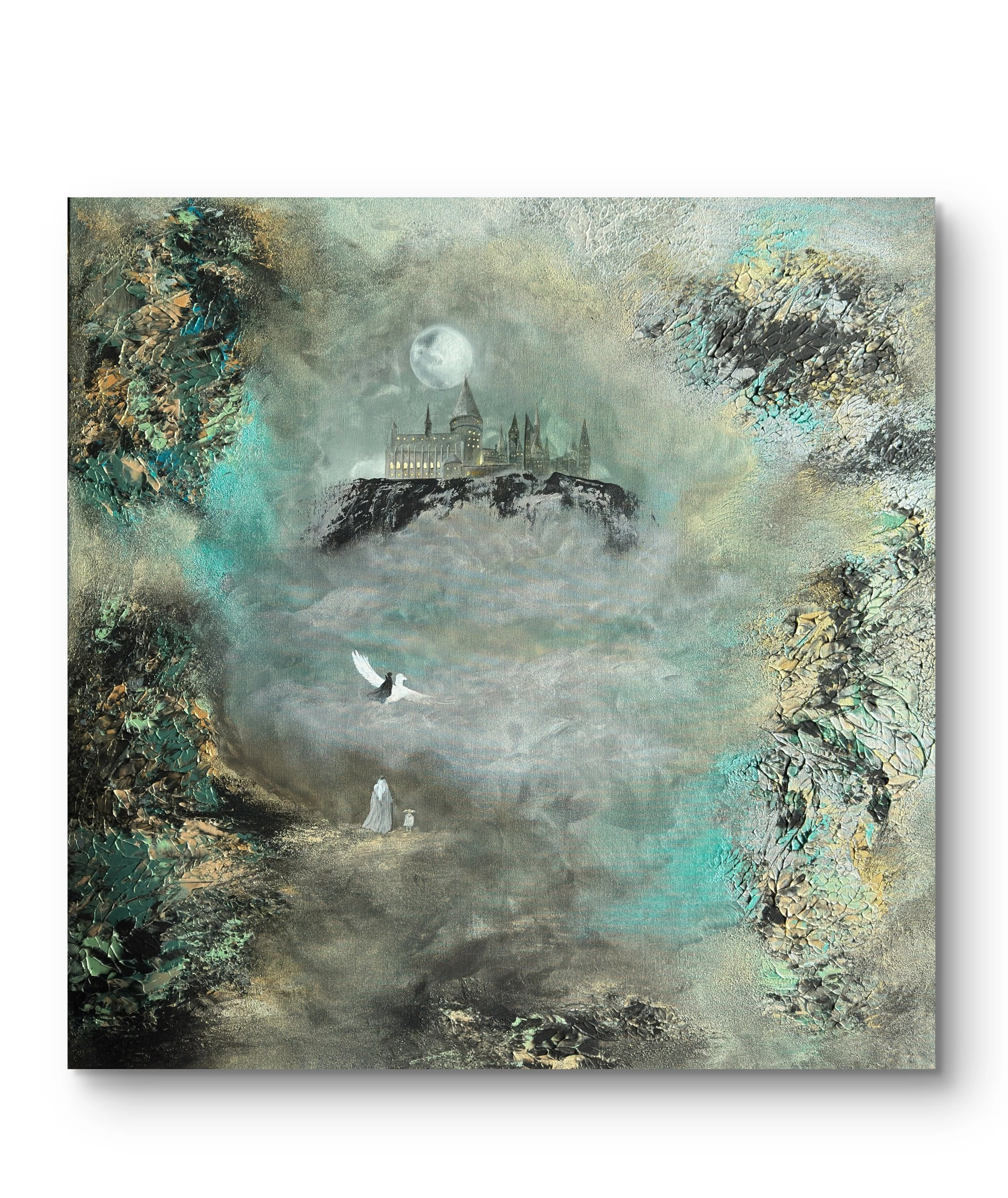 Harry Potter Acrylgemälde auf Leinwand – Hogwarts, Seidenschnabel, Dumbledore und Dobby – Original Fantasy Gemälde 100 x 100 cm