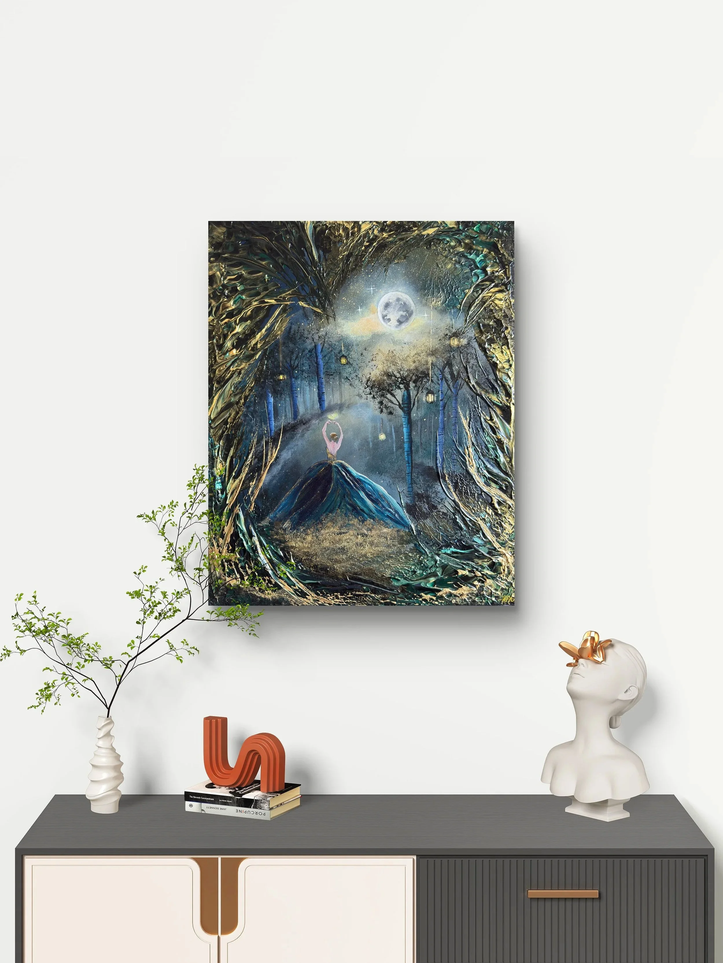 Märchenhaftes Fantasy Gemälde mit Gold kaufen – Handgemalte Waldkunst mit Mondlicht, Tänzerin und magischer Atmosphäre. Original von OSAI ART.