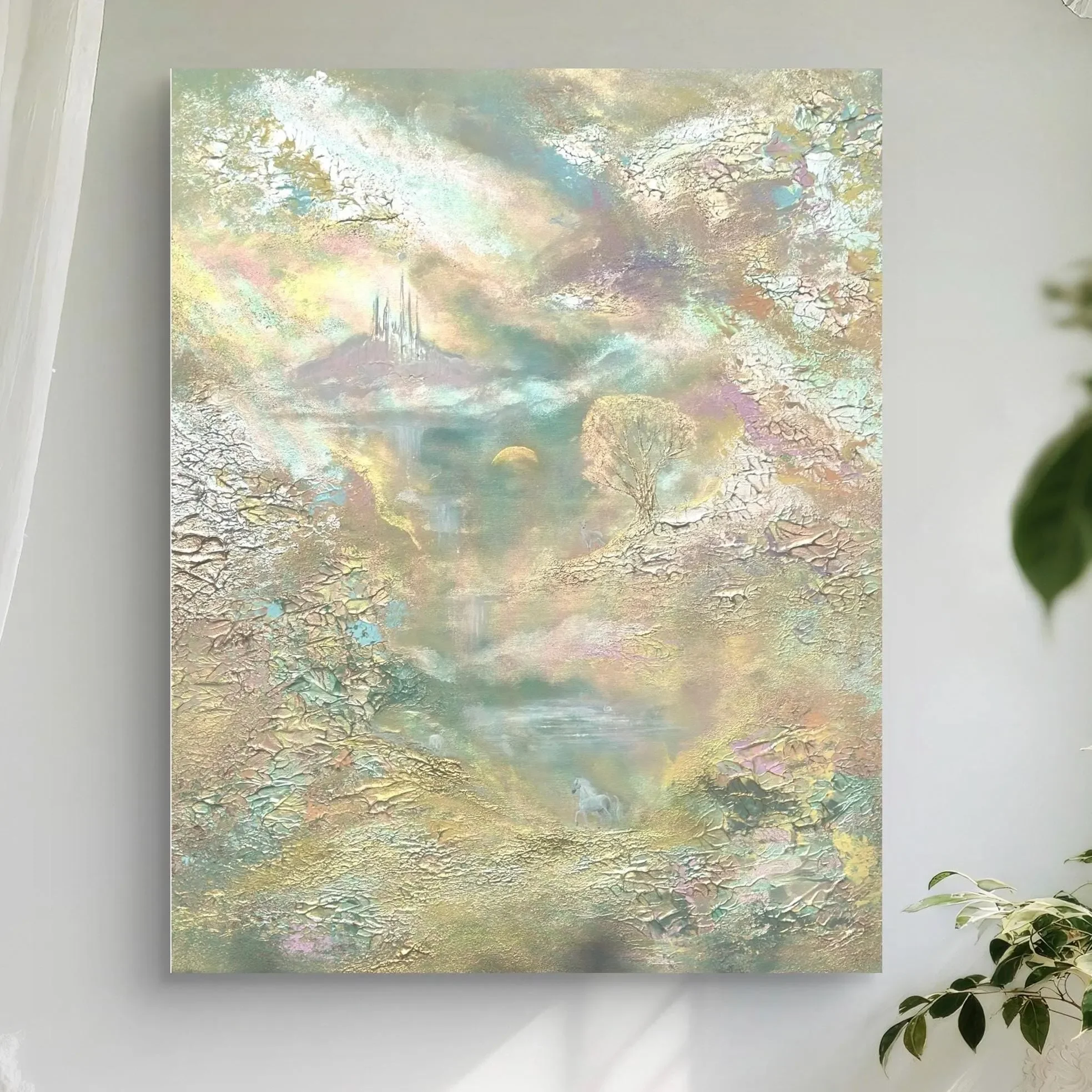 Pastell Fantasy Landschaft Acrylgemälde auf Leinwand kaufen – Abstrakt mit Gold, Pferd, Schwan, Hirsch, Schloss – Original 80×100 cm