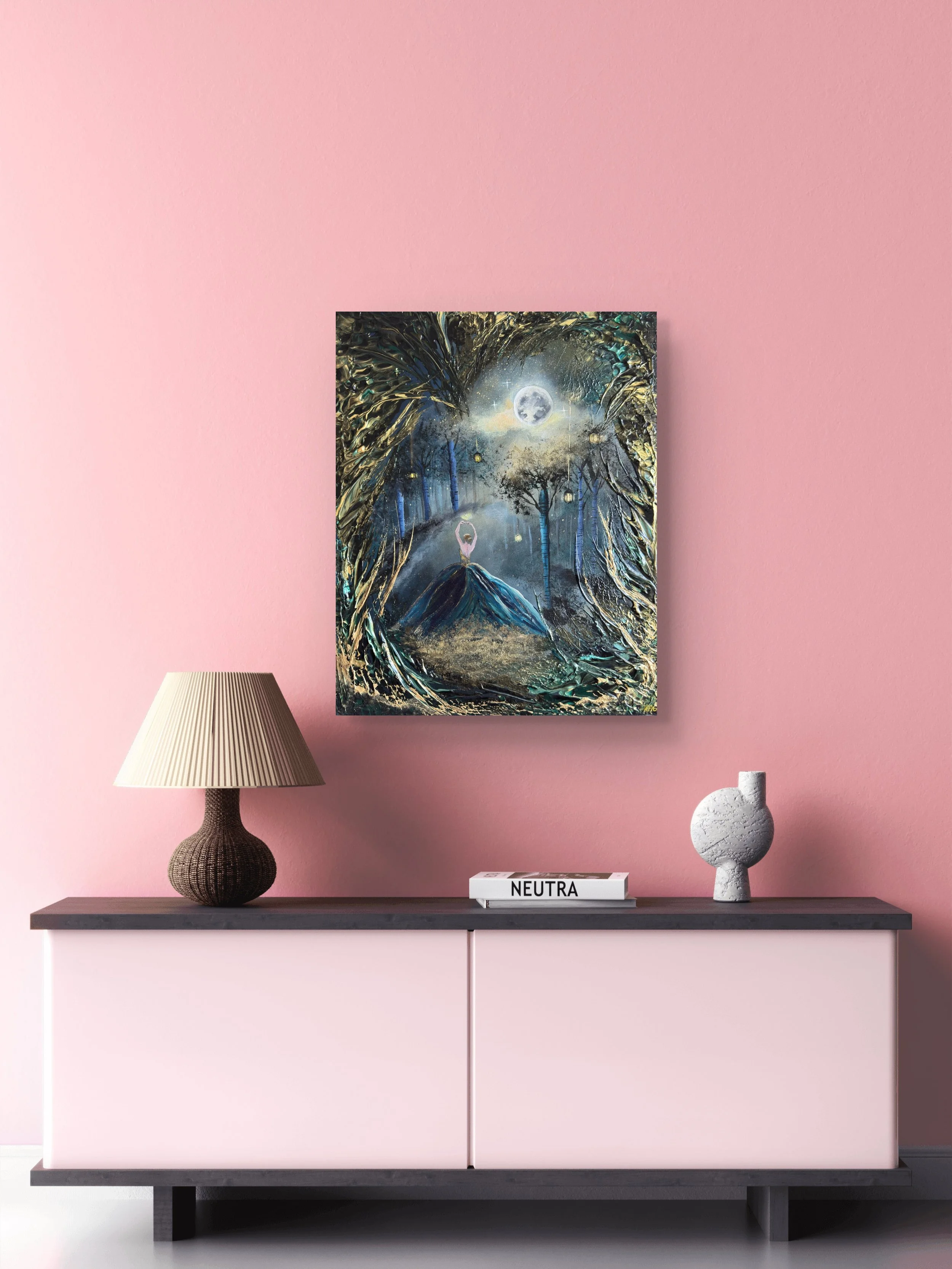 Märchenhaftes Fantasy Gemälde mit Gold kaufen – Handgemalte Waldkunst mit Mondlicht, Tänzerin und magischer Atmosphäre. Original von OSAI ART.