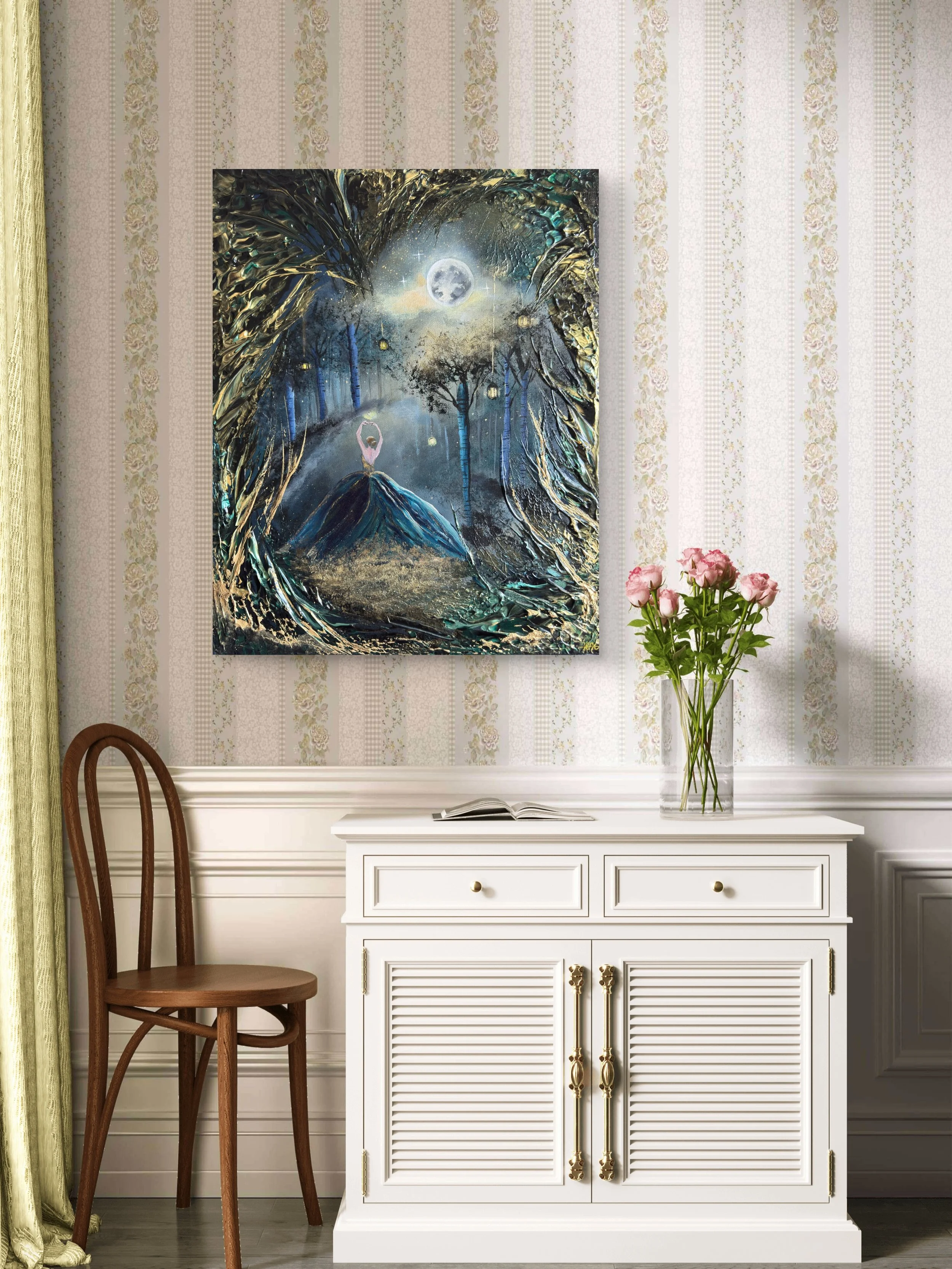 Märchenhaftes Fantasy Gemälde mit Gold kaufen – Handgemalte Waldkunst mit Mondlicht, Tänzerin und magischer Atmosphäre. Original von OSAI ART.